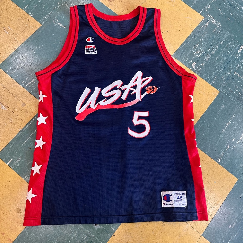 90s Champion Team USA Grant Hill Navy and Red Basketball Jersey